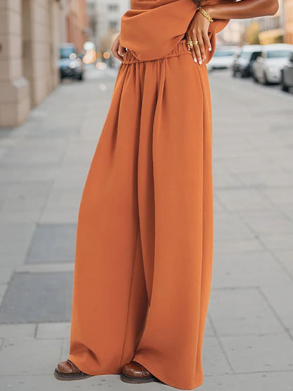High Waisted Wide Leg Elasticity Pleated Pockets Solid Color Pants Trousers