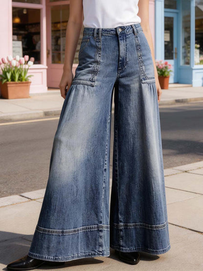Wide Leg Buttoned Pockets Solid Color Split-Joint Zipper Jean Pants Bottoms Trousers