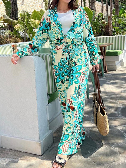 Flower Print Long Sleeves Buttoned Notched Collar Shirts Top + High Waisted Pants Bottom Two Pieces Set