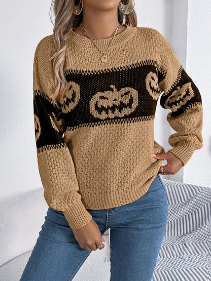 Long Sleeves Loose Contrast Color Split-Joint Round-Neck Pullovers Sweater Tops