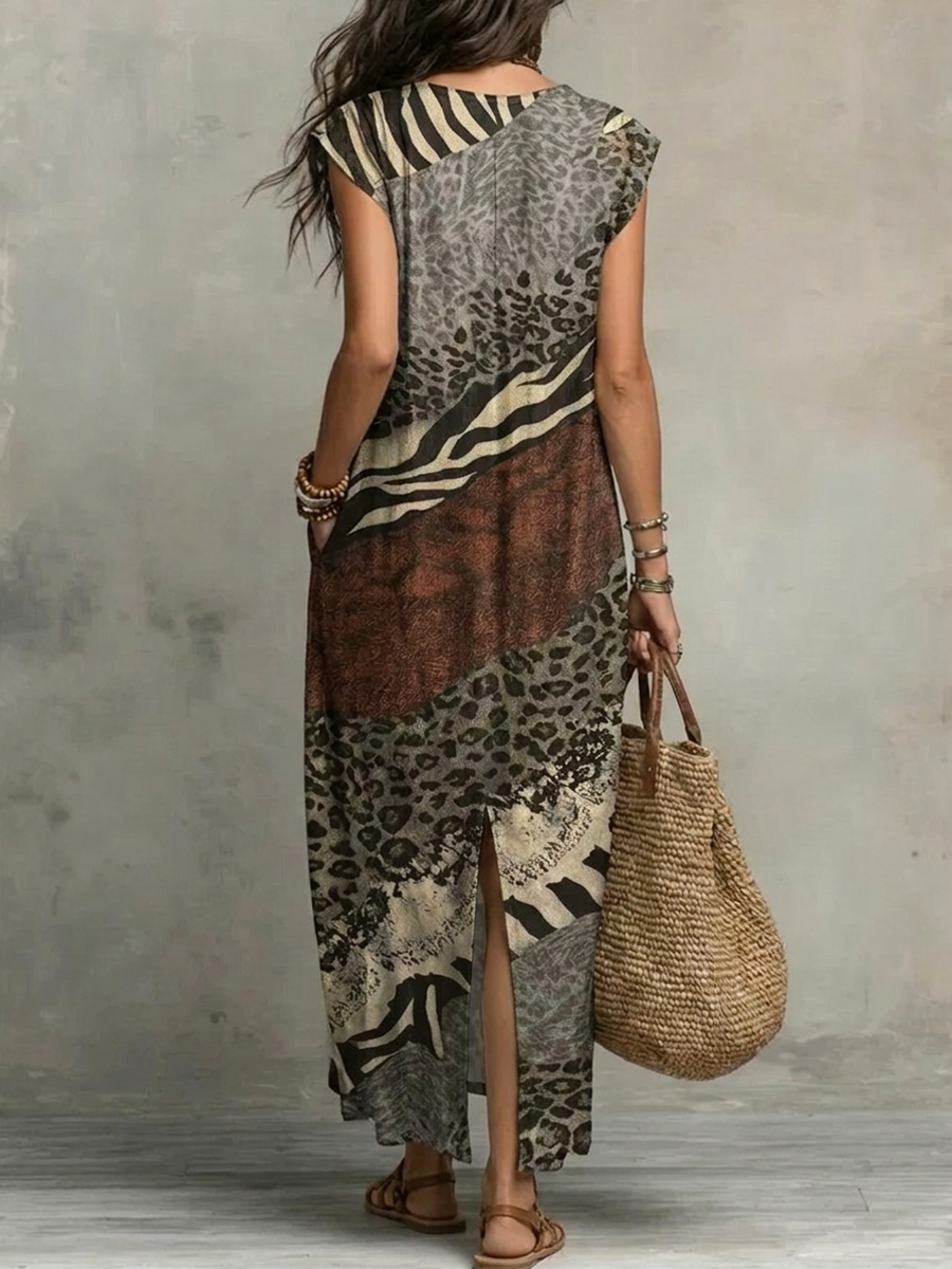 Loose Sleeveless Pockets Printed Ruffled V-Neck Maxi Dresses