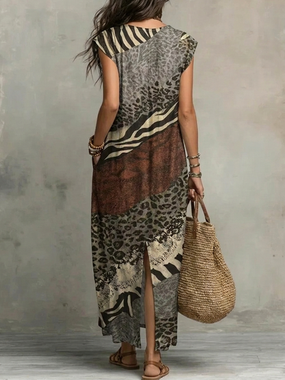 Loose Sleeveless Pockets Printed Ruffled V-Neck Maxi Dresses