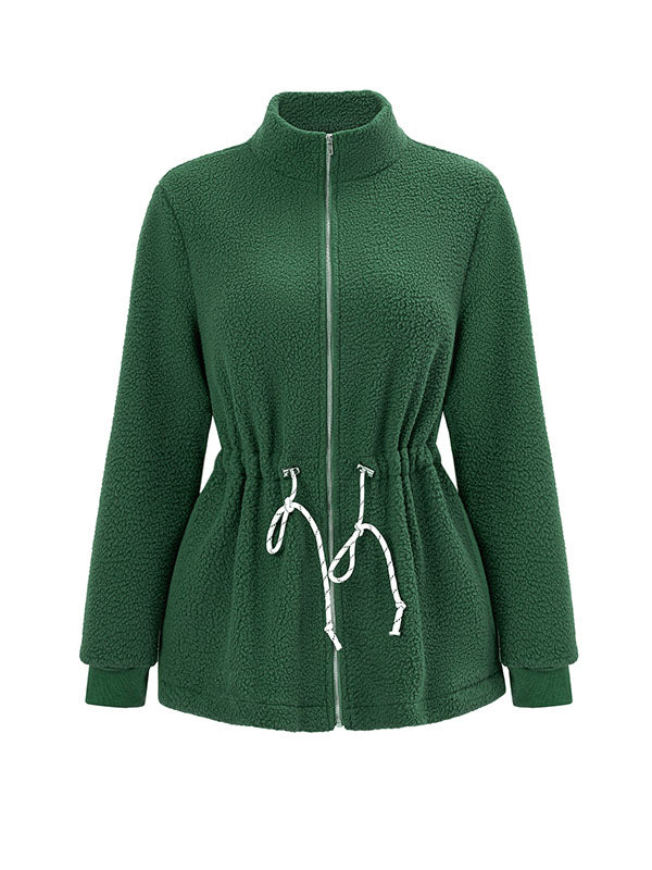 Long Sleeves Loose Drawstring Solid Color Velvet Zipper Stand Collar Outerwear