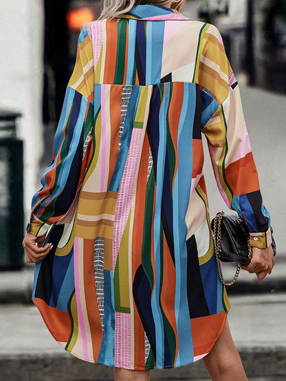 A-Line Long Sleeves Buttoned Contrast Color Lapel Midi Dresses Shirt Dress