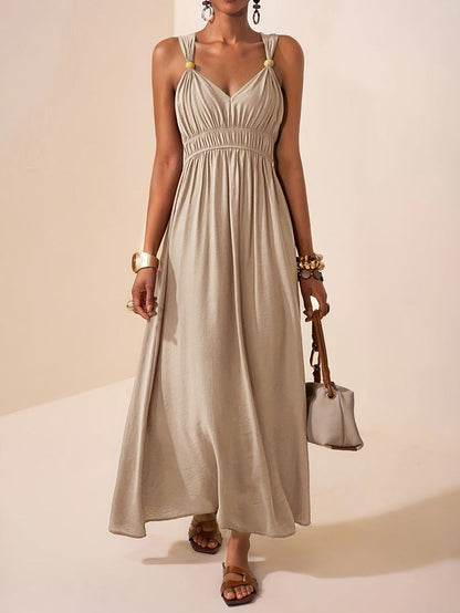 A-Line Loose Pleated Solid Color Spaghetti-Neck Maxi Dresses
