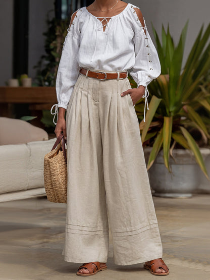 Split-Joint Solid Color Pleated Hollow Drawstring Loose Long Sleeves Cold shoulder Blouses&shirts Tops