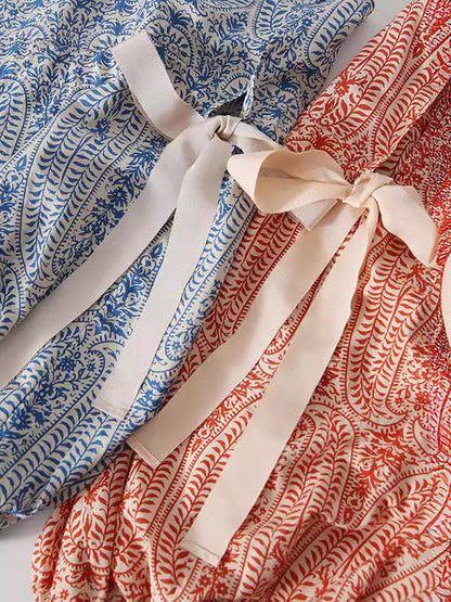 Batwing Sleeves Bow-Embellished Floral Printed Round-Neck Blouses&Shirts Tops