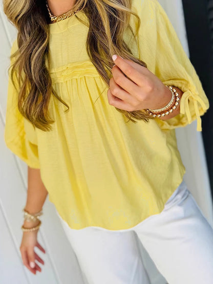 Half Sleeves Loose Drawstring Pleated Solid Color Split-Joint Round-Neck Blouses&Shirts Tops