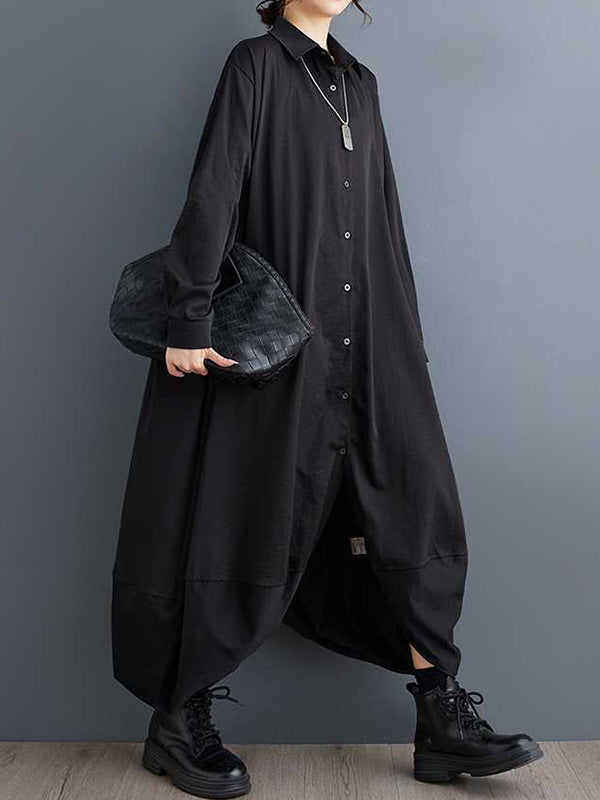 A-Line Long Sleeves Buttoned Pockets Solid Color Split-Joint Lapel Midi Dresses Shirt Dress