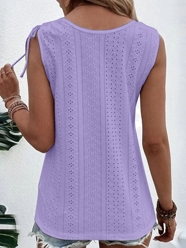 Loose Plus Size Buttoned Hollow Pleated Split-Joint Tied U-neck Vest Top