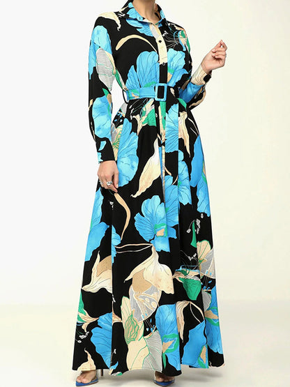 A-Line High Waisted Belted Buttoned Flower Print Lapel Maxi Dresses