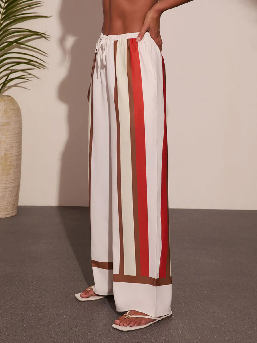 High Waisted Wide Leg Contrast Color Drawstring Elasticity Pockets Pants Trousers