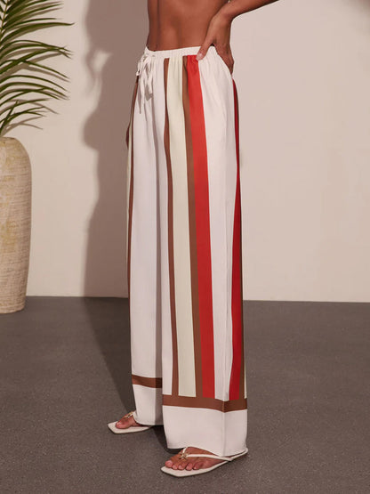 High Waisted Wide Leg Contrast Color Drawstring Elasticity Pockets Pants Trousers
