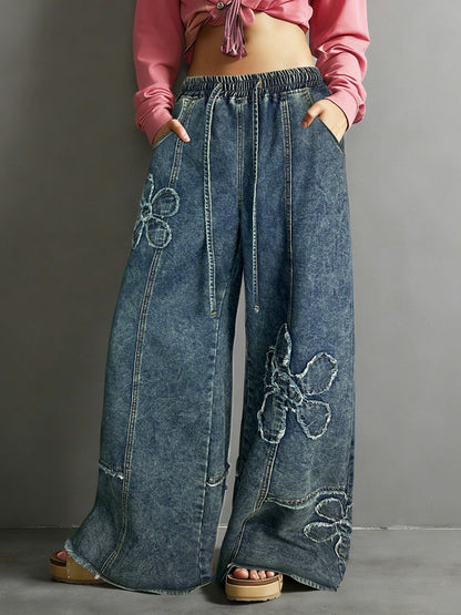 High Waisted Loose Drawstring Elasticity Flower Shape Fringed Solid Color Jean Pants Bottoms