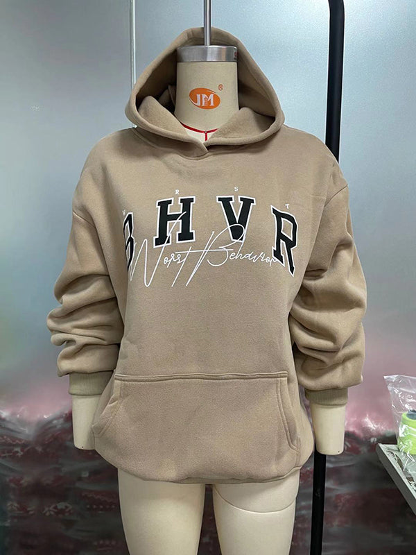 Long Sleeves Loose Keep Warm Letter Print Velvet Hooded Hoodies Tops