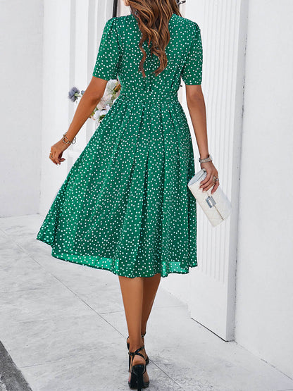 A-Line Elasticated Waist Contrast Color Polka Dot Split-Joint Tied Waist Round-Neck Midi Dresses