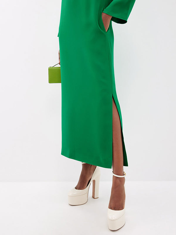 Long Sleeves Wrap Solid Color Split-Side V-Neck Maxi Dresses