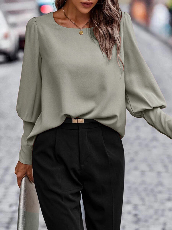 Long Sleeves Loose Buttoned Pleated Solid Color Round-Neck Blouses&Shirts Tops