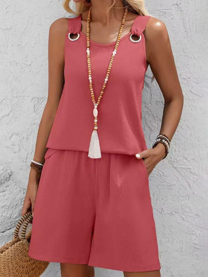 Loose Solid Color Round-Neck Sleeveless Hollow Blouses&Shirts Tops + Pockets Shorts Bottoms Two Pieces Set