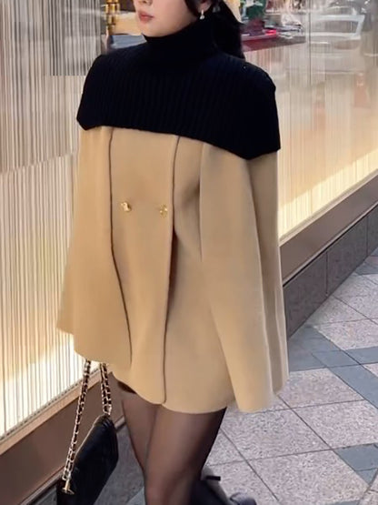 Loose Buttoned Contrast Color Split-Joint High Neck Woolen Coat