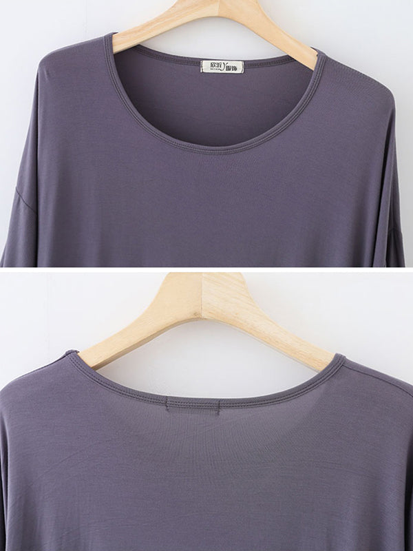 High Waisted Loose Solid Color Split-Joint Round-Neck Pajama Dress