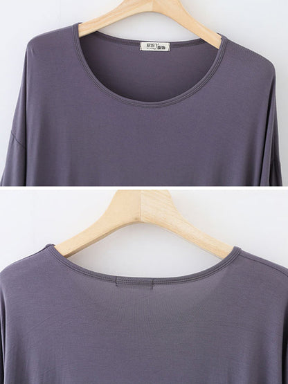 High Waisted Loose Solid Color Split-Joint Round-Neck Pajama Dress