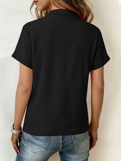 Loose Short Sleeves Buttoned Knot Ruffle Trim Solid Color V-Neck Blouses&Shirts Tops