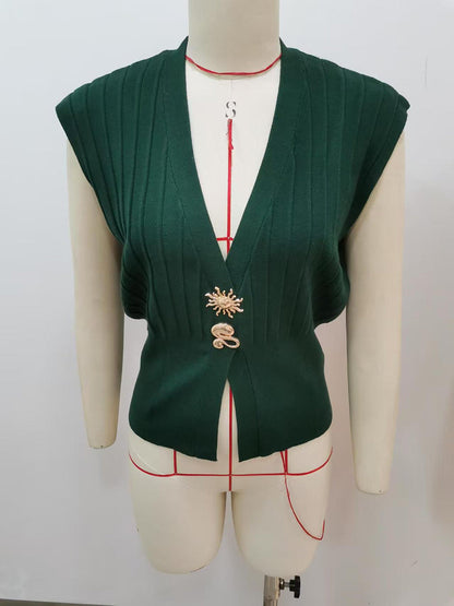 High Waisted Loose Buckle Ribbed Knit Solid Color Split-Joint Split-Side V-Neck Vest Top