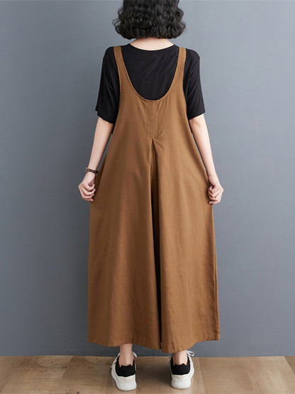 Ninth Pants Wide Leg Buttoned Solid Color Spaghetti-Neck Overalls