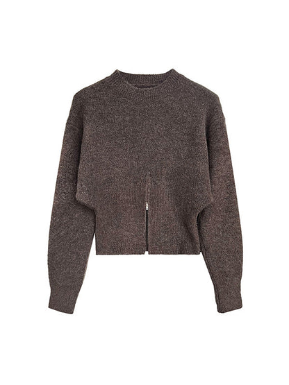Long Sleeves Loose Solid Color Zipper Mock Neck Pullovers Sweater Tops