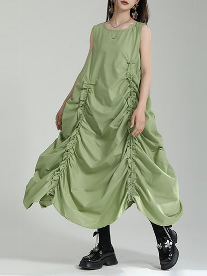 Loose Sleeveless Asymmetric Elasticity Pleated Solid Color Round-Neck Midi Dresses