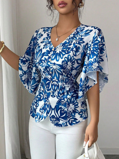 Flared Sleeves Half Sleeves Buttoned Contrast Color Flower Print Pleated V-Neck Blouses&Shirts Tops