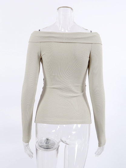 Long Sleeves Skinny Keep Warm Knot Solid Color V-Neck T-Shirts Tops