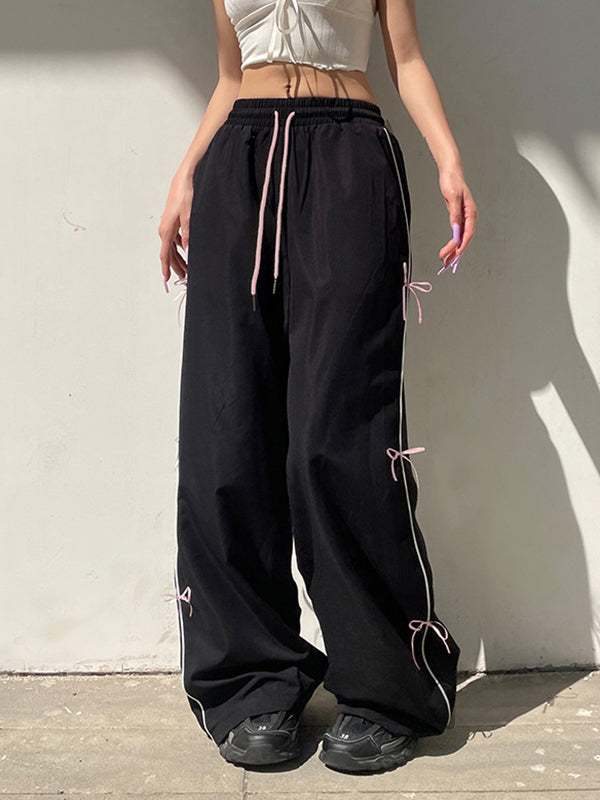 Loose Wide Leg Bowknot Drawstring Elasticity Split-Joint Pants Trousers