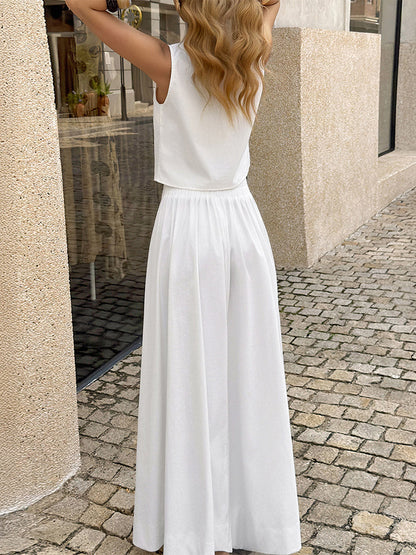 Loose Sleeveless Buttoned Solid Color Split-Side Round-Neck Vest Top + Pants Bottom Suits