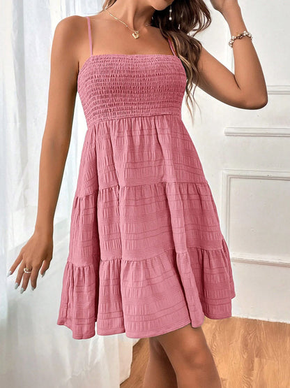 Elasticated Waist High Waisted Pleated Solid Color Split-Joint Spaghetti-Neck Mini Dresses