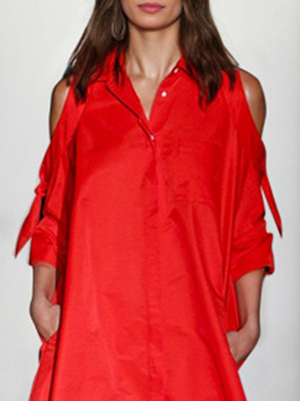 Loose Solid Color Split-Joint Cold Shoulder Mini Dresses Shirt Dress