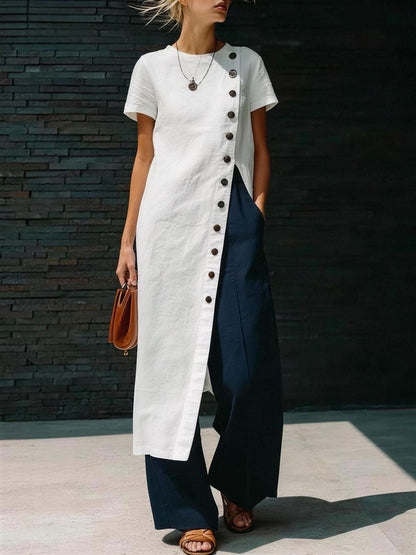Split-front Solid Color Buttoned Asymmetric Short Sleeves Loose Round-neck Blouses&shirts Tops