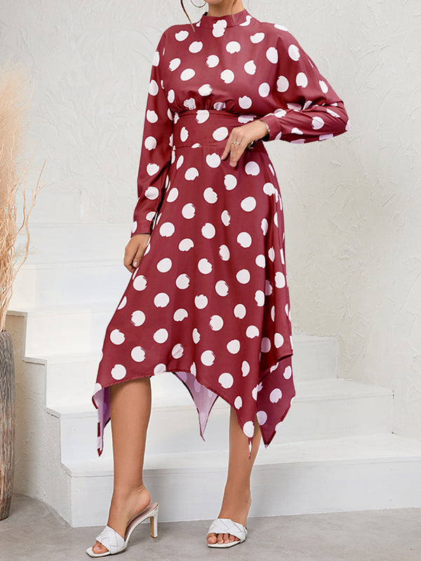 A-Line Long Sleeves Elasticity Hollow Polka-Dot Mock Neck Midi Dresses