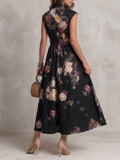 Split-Joint Pockets Pleated Hollow Flower Print Sleeveless A-line Stand Collar Maxi Dresses