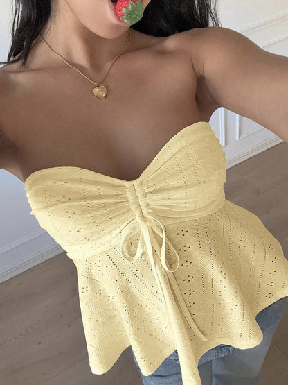 Skinny Sleeveless Backless Hollow Pleated Solid Color Split-Joint Tied Tube Vest Top