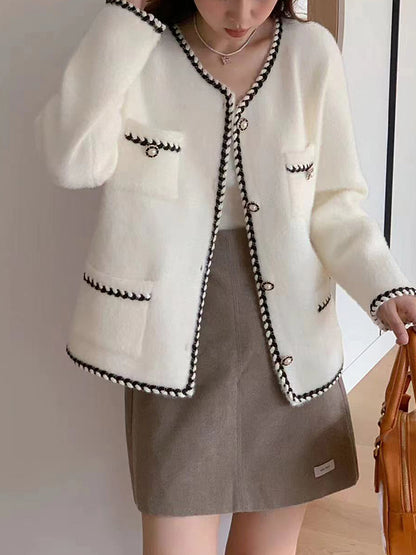 Long Sleeves Loose Buttoned Pockets Round-Neck Cardigan Tops