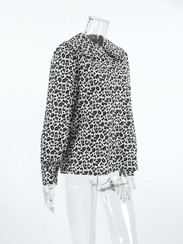 Loose Puff Sleeves Leopard Split-Joint Peter Pan Collar Blouses&Shirts Tops