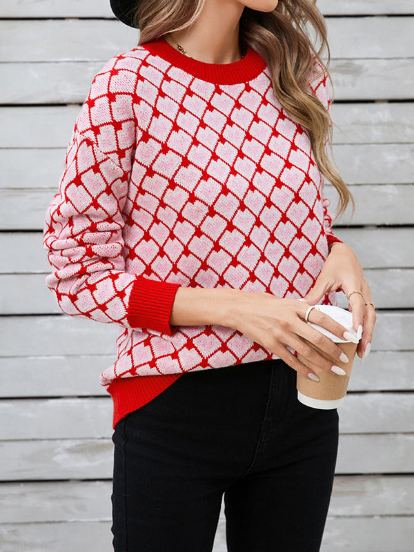 Long Sleeves Loose Contrast Color Jacquard Split-Joint Round-Neck Pullovers Sweater Tops