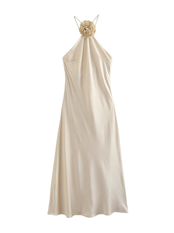 High Waisted Loose Backless Solid Color Three-Dimensional Flower Tied Halter-Neck Midi Dresses