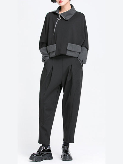 Harem Pants Loose Elasticity Pleated Pockets Solid Color Split-Joint Pants