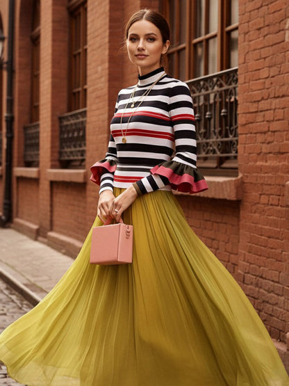 Long Sleeves Skinny Contrast Color Ruffled Split-Joint Striped Half Turtleneck Blouses&Shirts Tops