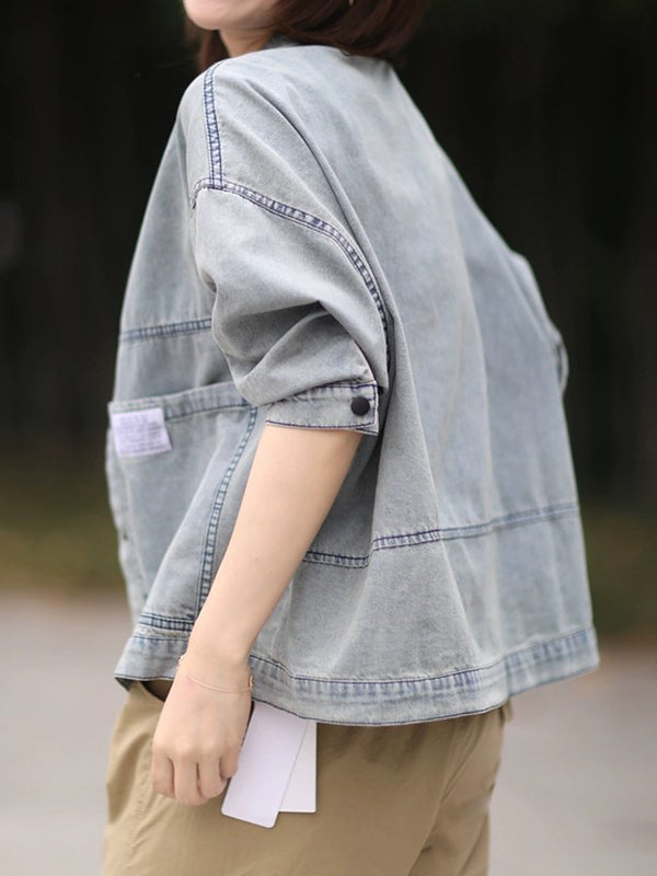 Long Sleeves Loose Buttoned Pockets Split-Joint Round-Neck Denim Outerwear