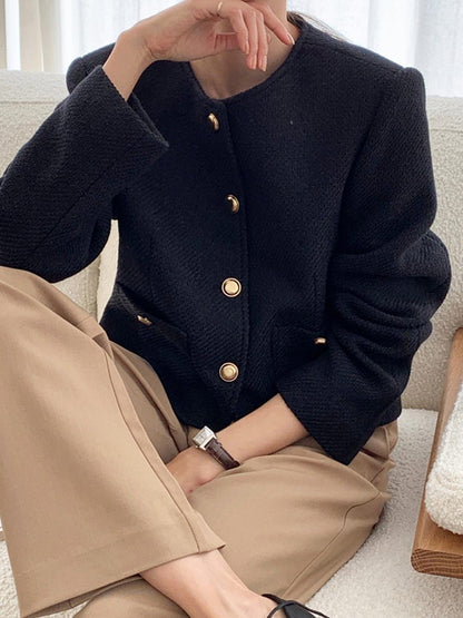 Long Sleeves Loose Buttoned Pockets Round-Neck Outerwear