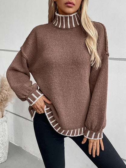 Long Sleeves Loose Contrast Color Split-Joint High Neck Pullovers Sweater Tops